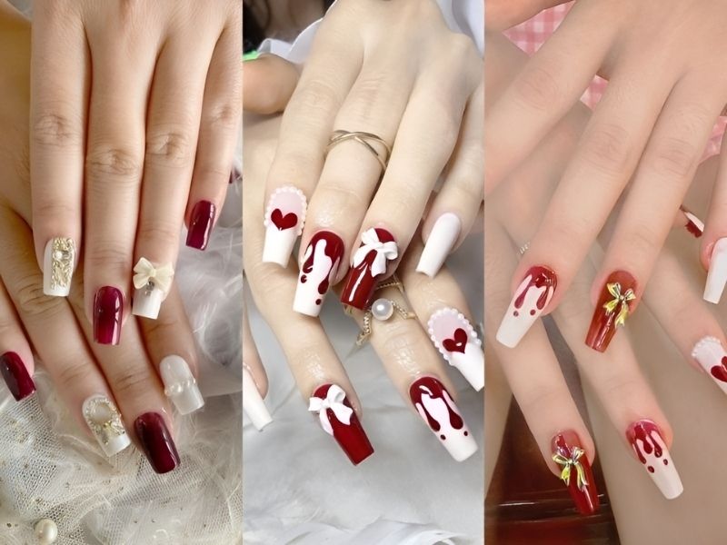 Nail đỏ kết hợp họa tiết